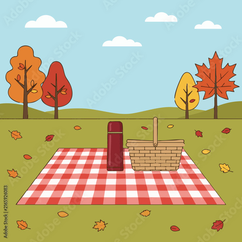 Autumn picnic scene with checkered blanket basket and thermos on grass under colorful trees
