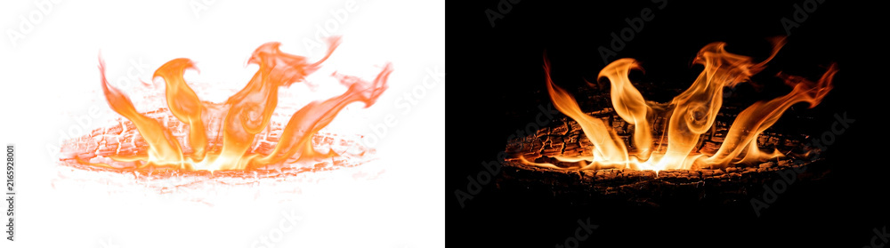 Fototapeta premium Horizontal Campfire Flame Burst Through Log Gap Fissure, Glowing Ember Effect Overlay Isolated on Transparent Background