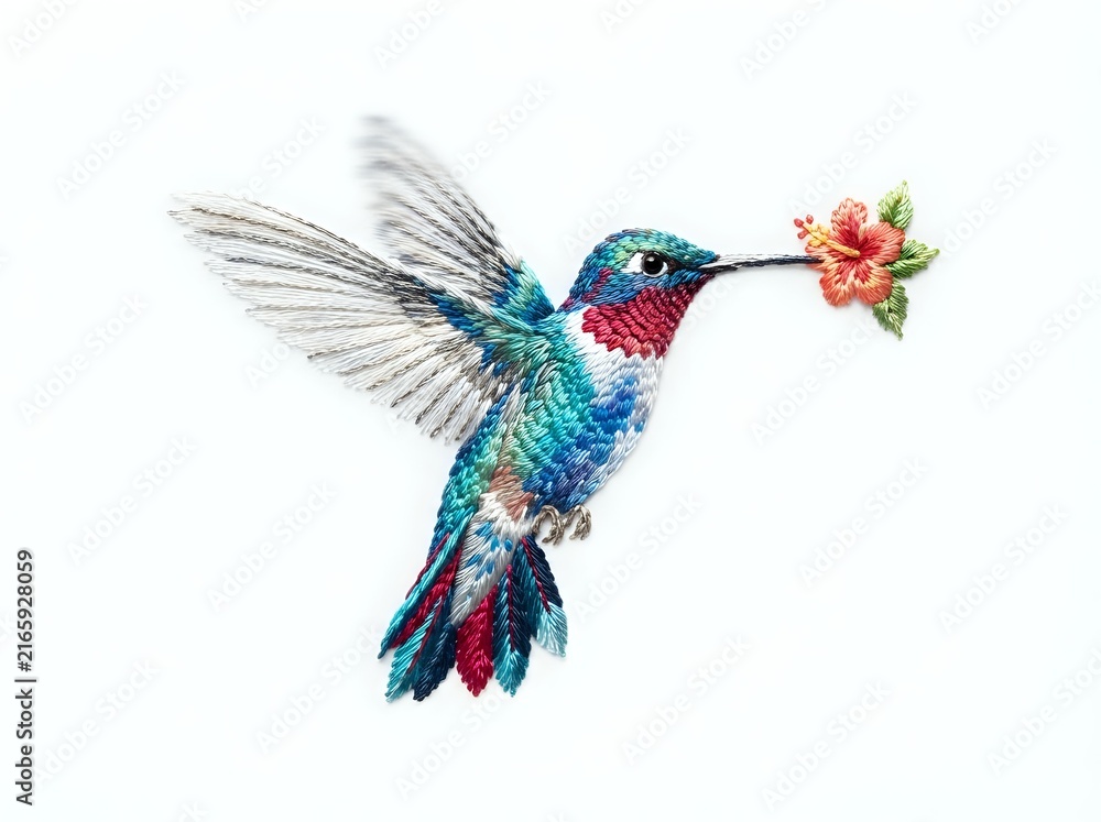 Obraz premium Colorful hummingbird with iridescent plumage carrying coral flower