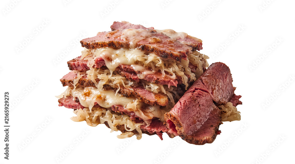 Fototapeta premium Gourmet reuben sandwich stack with corned beef and melted swiss cheese, layered pastrami with sauerkraut on white background, deli meat appetizer