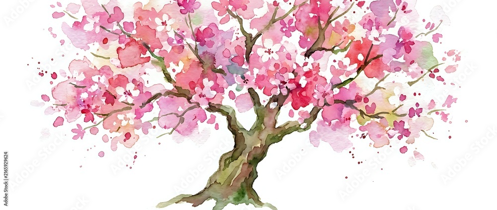 Fototapeta premium Watercolor painting of flowering tree with pink blossoms