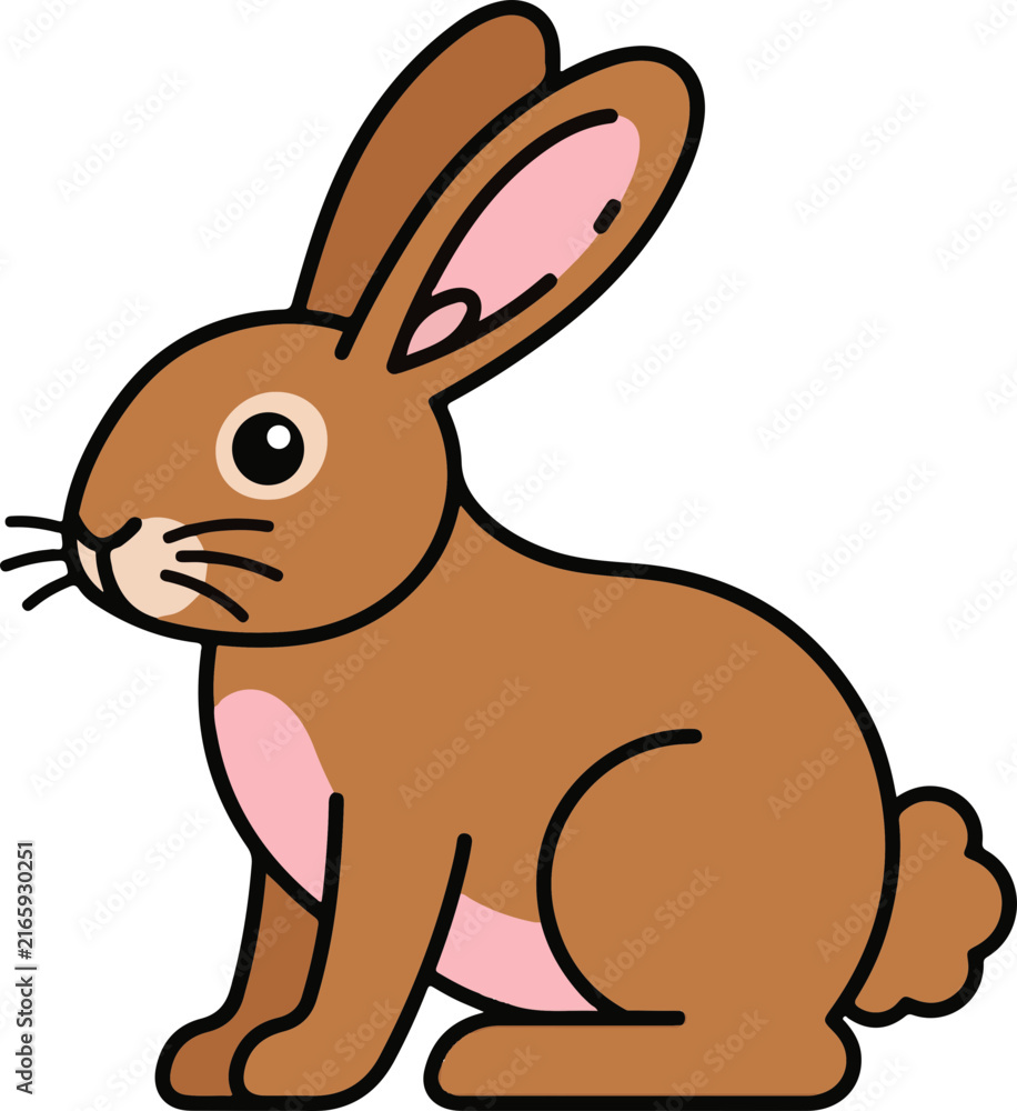 Fototapeta premium Rabbit Sitting Profile Flat Vector Icon with Pink Ears and Belly Cute Brown Hare Character for Children Book Illustration
