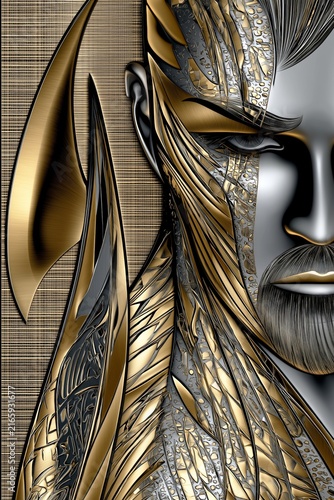 AI-generated illustration, portrait of a young scowling male warrior and his spear-like weapon, in gold and silver