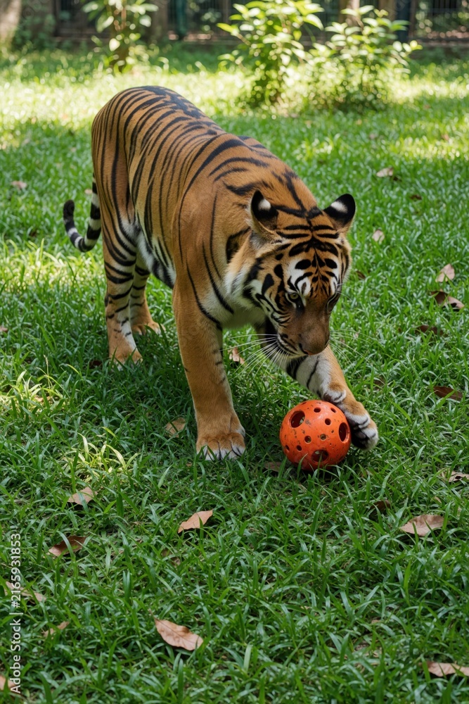 Obraz premium Sumatran tiger plays with orange ball in green grass at zoo. Large wild cat bites toy walking on lawn. Endangered striped predator enjoys activity in outdoor enclosure. Powerful mammal shows playful