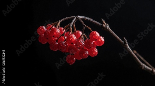 Vibrant red viburnum berries hang on thin tree branch. Macro shot shows ripe fruit with water drops against black background. Close up detail of seasonal autumn plant in garden. Fresh organic berries