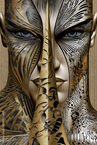 AI-generated illustration, portrait of a young scowling male warrior and his spear-like weapon, in gold and silver