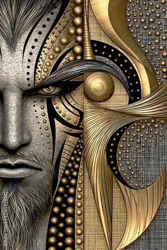 AI-generated illustration, portrait of a young scowling male warrior and his spear-like weapon, in gold and silver
