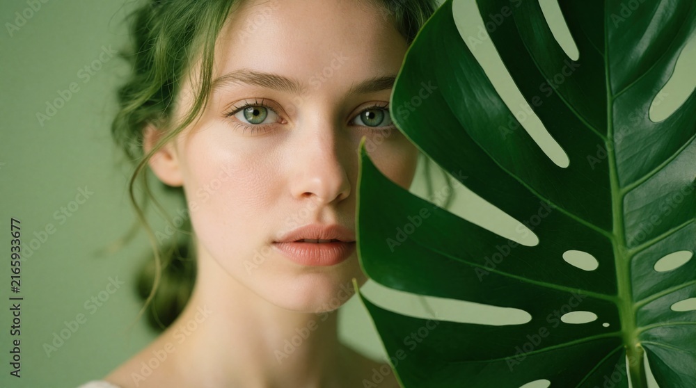 Obraz premium Woman face near big green leaf. Model has clear skin and natural makeup. Green background implies organic beauty and freshness. Close up portrait implies skincare focus.