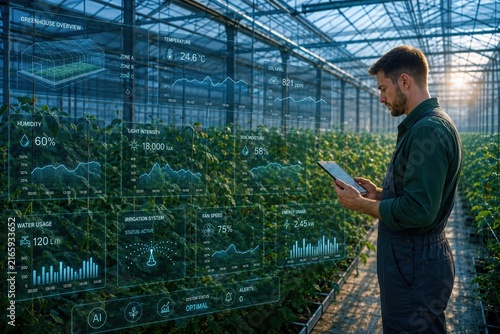 Smart farming in a modern greenhouse, featuring a farmer using digital technology to monitor crops and environmental conditions through futuristic holographic data displays.