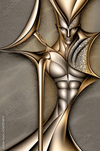 AI-generated illustration, portrait of a young scowling male warrior and his spear-like weapon, in gold and silver