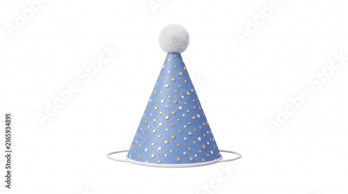 Blue birthday party cone hat with golden polka dots and white pom pom