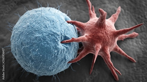 Microscopic 3D render of blue immune cell attacking red virus