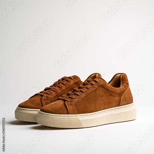 Brown suede sneakers sit on a white background. Female sports shoes serve as templates for basketball, tennis, or gym training.