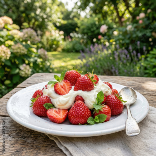 Fresh strawberries with whipped cream on a white plate in a sunny garden, delicious summer dessert concept