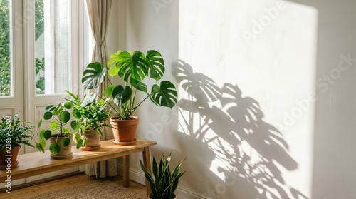Potted monstera and house plants on wooden bench in sunlit room with wall shadow for cozy home interior design