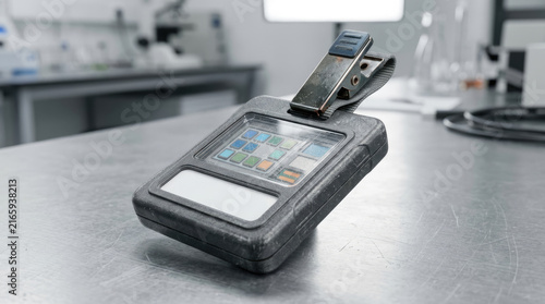 Radiation dosimeter badge with metal clip on a steel laboratory workbench for industrial safety monitoring