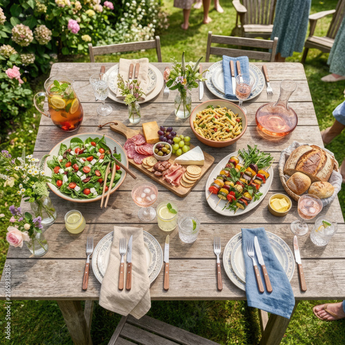 Rustic wooden table filled with fresh summer food and drinks in a backyard garden for an alfresco dining experience