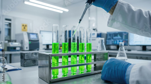 Scientist using pipette with green liquid in test tubes, conducting clinical research in modern laboratory