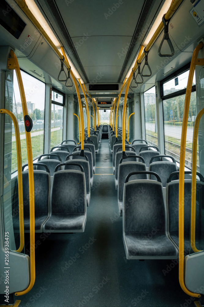 Fototapeta premium Empty tram interior shows rows of grey passenger seats and yellow safety handles. Modern public transport vehicle travels through city on a cloudy day.
