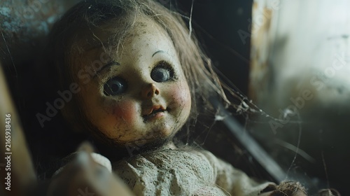 A creepy doll sitting in an abandoned room, with cobwebs and dust covering its face.