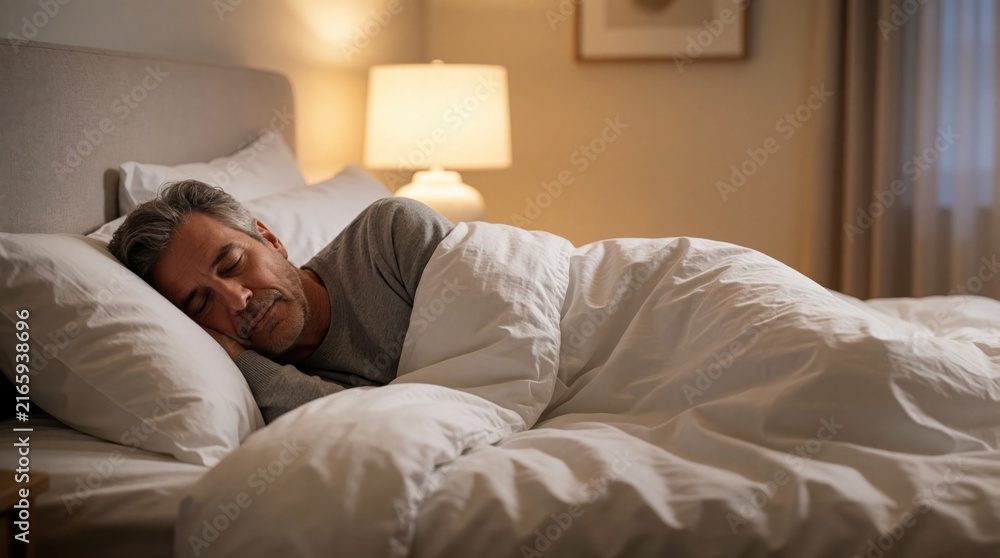 Obraz premium Mature man slepic soundly in cozy bedroom. Soft lamplight creates warm, calm atmosphere. Man rests under white duvet on pillow in quiet home interior.