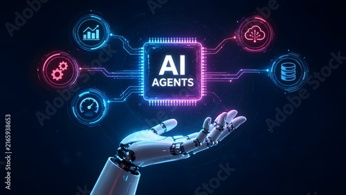 Obraz na płótnie Artificial intelligence agents concept with robotic hand holding glowing microprocessor hologram displaying cloud computing, performance and database icons