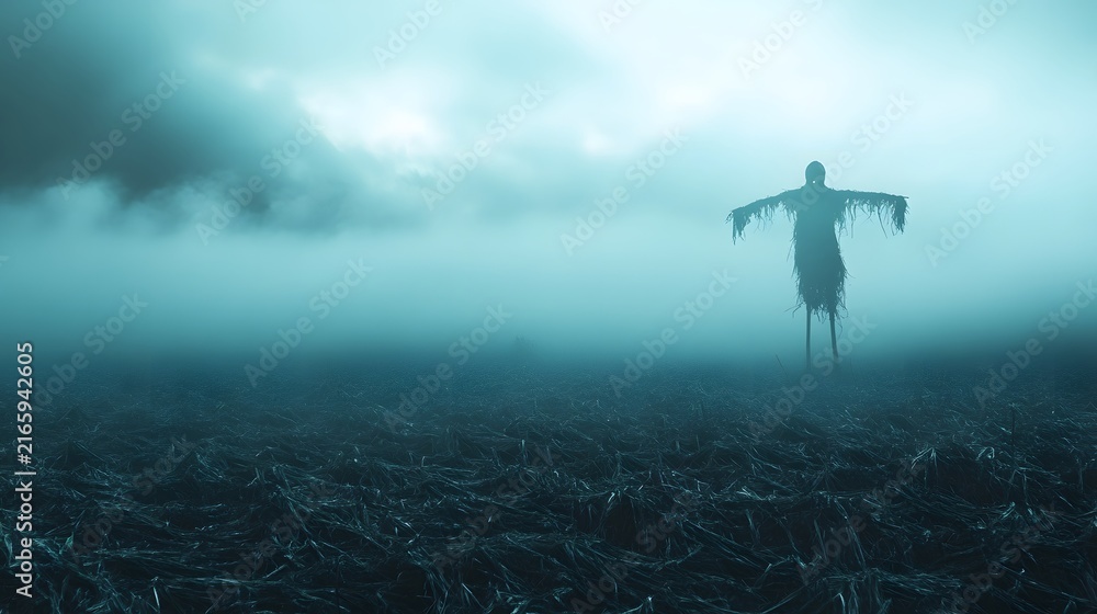 Fototapeta premium A fog-covered field with a single scarecrow standing ominously against the sky.