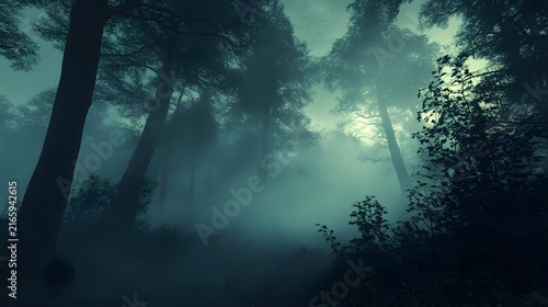 A fog-covered forest at twilight, with shadows that seem to move.