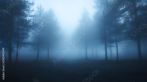 A fog-covered forest at twilight, with shadows that seem to move.