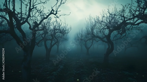 A fog-filled orchard with bare branches, creating an ominous atmosphere.