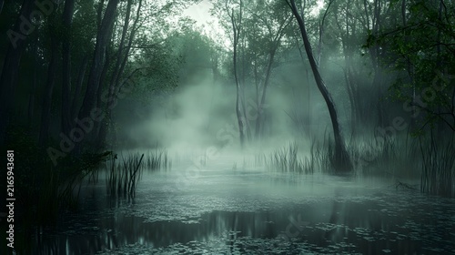 A foggy swamp filled with eerie sounds and hidden dangers lurking beneath the surface.