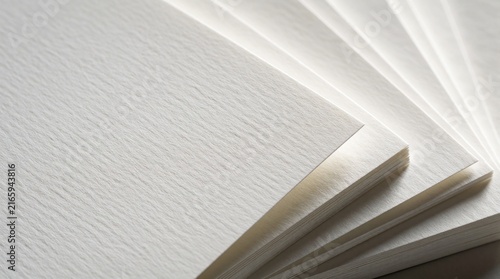 Empty white textured card stock pile inside office. Lay flat blank page presentation. Layered paper sheets, clean empty background, business card template space.