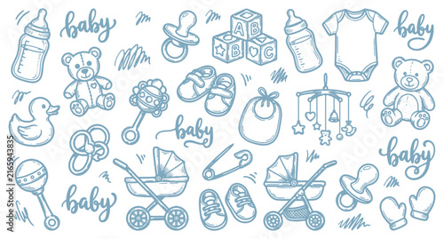 Baby Boy Doodle Collection with Toys and Nursery Accessories Vector Illustration