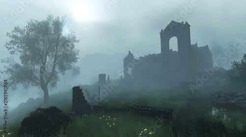 A fog-shrouded hilltop with ruins, where legends of the past linger in the air.