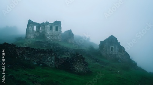 A fog-shrouded hilltop with ruins, where legends of the past linger in the air.
