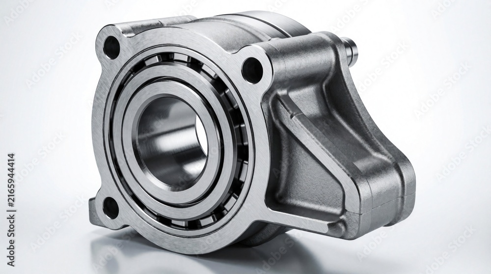 Fototapeta premium Metal bearing housing assembly with roller bearings sits on clean white surface. Precision mechanical component for industry and engineering applications. Strong metal part ready for machine use.