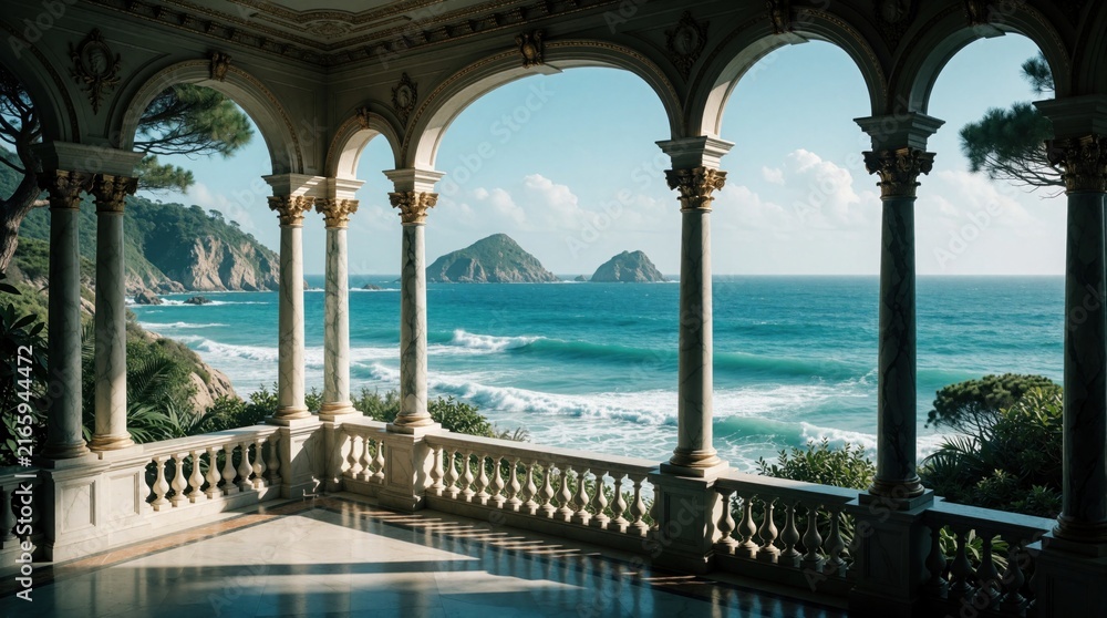 Fototapeta premium Elegant classical balcony with marble columns overlooks ocean panorama. Arches frame sea, islands, rocky shore. Sunny day invites relaxation with grand architecture, natural beauty. Serene escape.