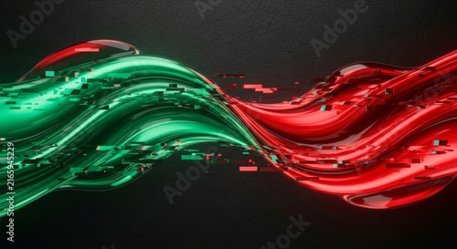 Glossy ribbons of emerald green and neon red fluid flow across a dark leather texture with glitched digital distortion in a modern abstract, background, digital, material