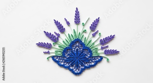 Handcrafted paper quilling featuring delicate lavender stalks and intricate indigo lace patterns with soft silver-green accents on paper, art, still life, composition