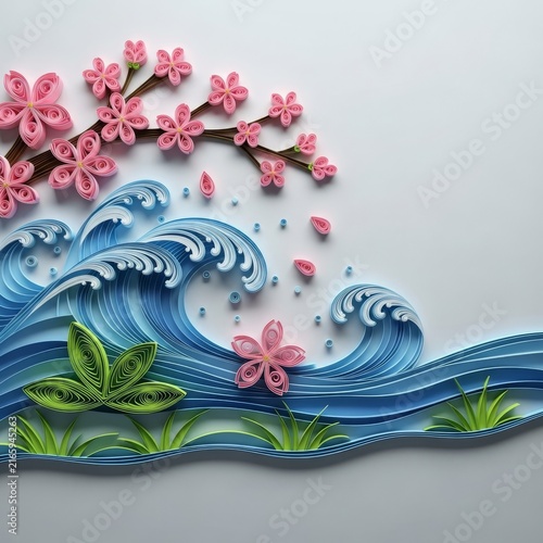 Handmade paper quilling art showing cheerful cherry blossoms and waves in delicate filigree with soft pink, sky blue, and fresh green tones, nature, composition, waves