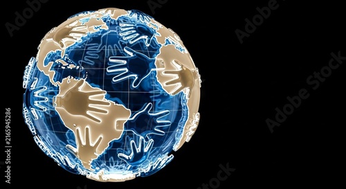 Interlocking glass hand silhouettes form a spherical globe with translucent blue oceans, beige landmasses, and glowing white palm lines, hand, fingers, digital