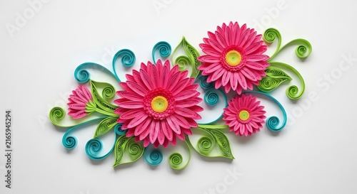 Intricate paper quilling design showcasing bright pink gerbera daisies with lime green spiral leaves and turquoise scrolls in a craft art, green, quilling, rolls