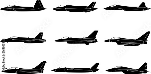 Set of silhouettes of modern military fighter jets
