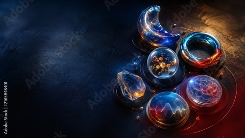 Abstract Longevity Wellness Concept with Futuristic Glass, Molecular, Crystal, Waveform and Biological Objects on Dark Blue Background
