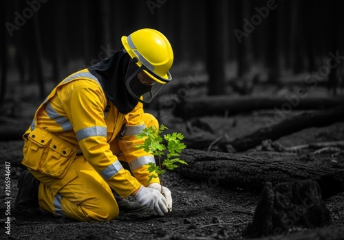 Protective yellow uniform and helmet visible while planting a small green tree seedling in black soot and charred remains of a forest area, soil, burnt, seedling