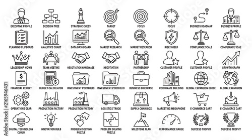 Icons set in thin line style depicts various business concepts like strategy, planning, and marketing.