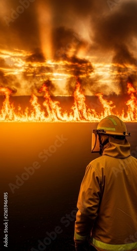 Protective yellow gear and helmet facing a massive wildfire front at golden hour, with thick smoke and glowing orange light rays, environment, flames, response