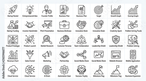 Business development line icons collection arranged in a neat grid for modern digital presentations.