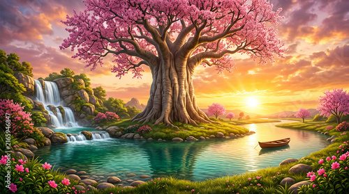 Fantasy spring landscape with giant pink blossom tree waterfall winding river and wooden boat at golden sunset