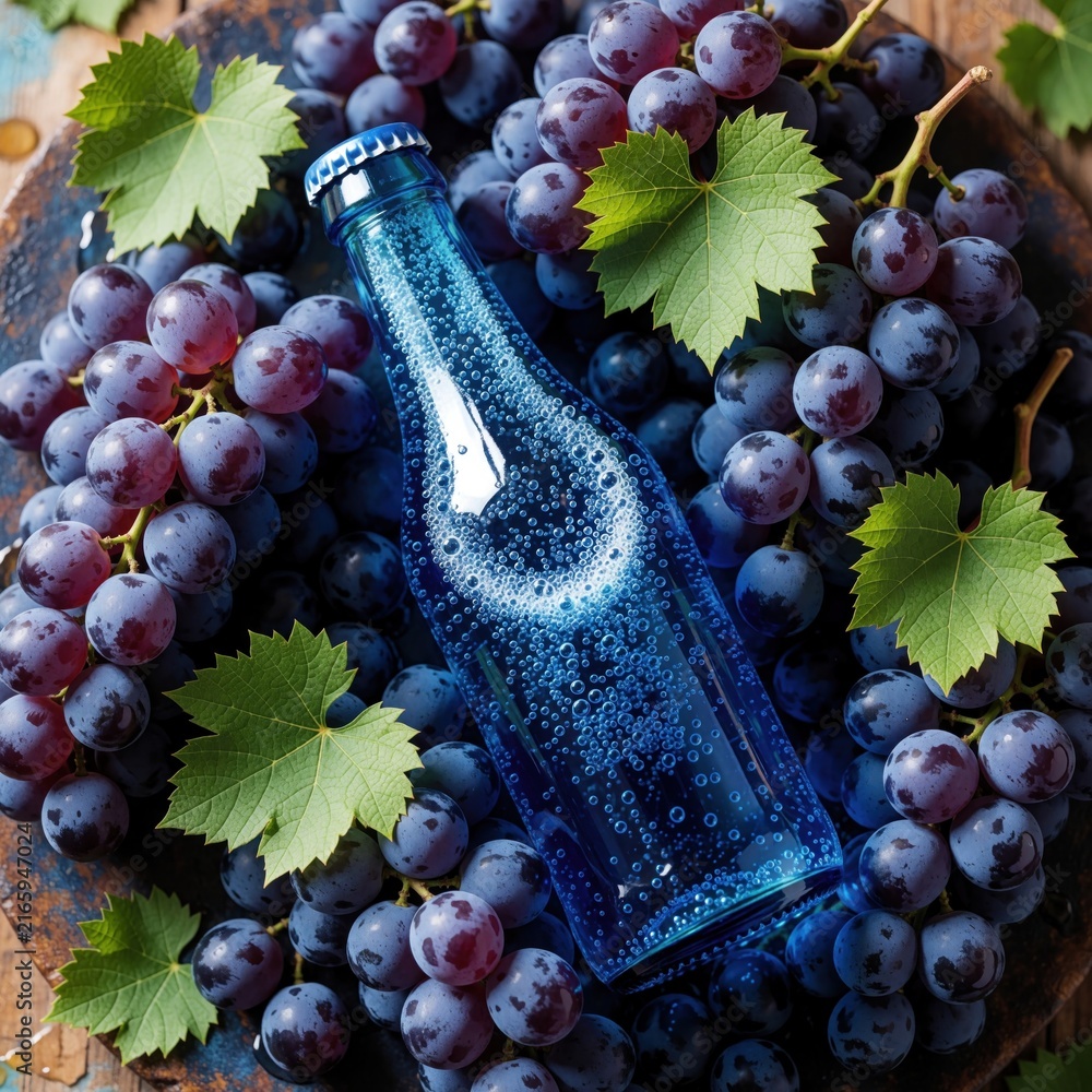 Fototapeta premium Blue glass bottle of sparkling drink rests on ripe purple grapes, green leaves. Fresh fruit, bubbles, rustic surface create refreshing still life. Ideal for summer refreshment, healthy lifestyle